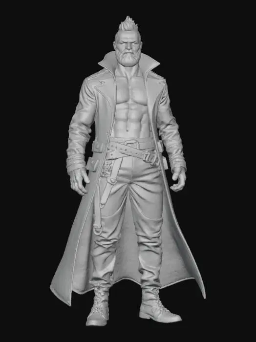3D model for full-body character concept art of a fantasy fighter, wearing leather pants and a long coat, with brown skin, short black hair, and a stubble beard. photorealistic
