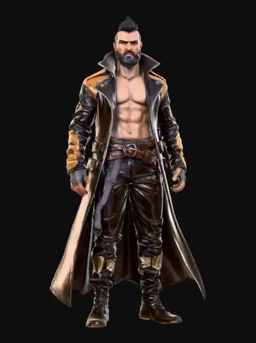 3D model for full-body character concept art of a fantasy fighter, wearing leather pants and a long coat, with brown skin, short black hair, and a stubble beard. photorealistic