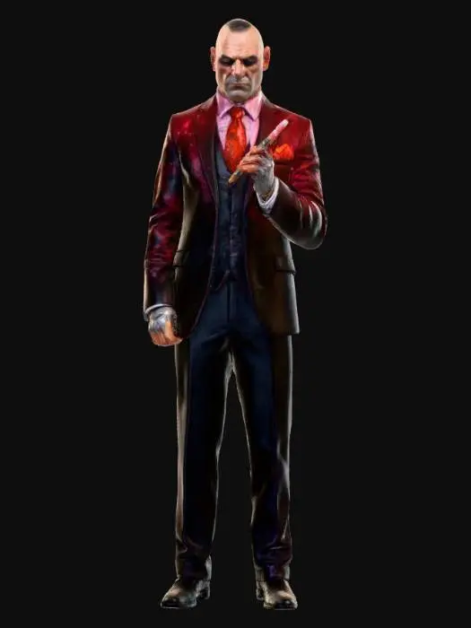3D model for Crime boss Tim – Sharp-dressed gangster boss with sinister aura, glowing cigar embers, shadowy suit with crimson highlights, crime syndicate, underworld, dangerous, hand-painted, stylized, #villain#
