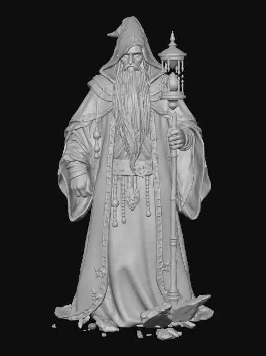 3D model for The Hourglass Tyrant – Ancient wizard with a shattered hourglass floating above him, sands of time spilling from wounds. Zelda Breath of the Wild's art style #villain#