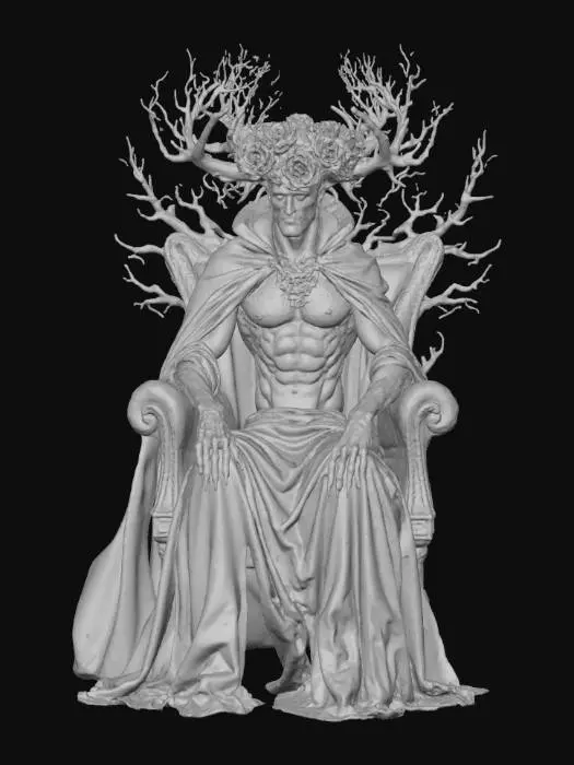 3D model for The Thorn Emperor – Regal figure fused to a living throne of vines and thorns, bleeding rose crown, black bark-like skin., #villain#