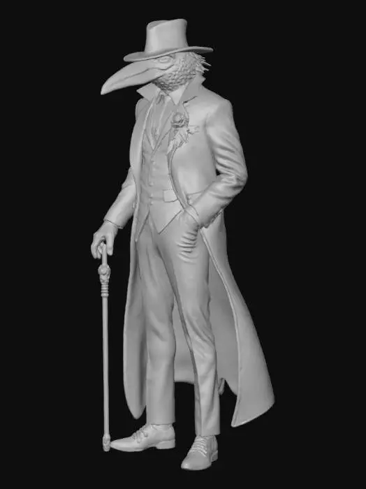 3D model for The Velvet Crow – Sharp-suited gangster in a crow mask, feathers woven into jacket lining, jeweled cane in hand, #villain#