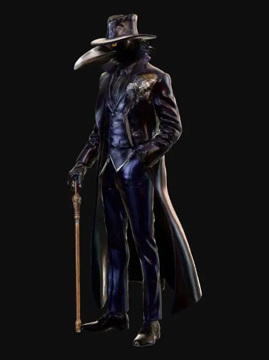 3D model for The Velvet Crow – Sharp-suited gangster in a crow mask, feathers woven into jacket lining, jeweled cane in hand, #villain#