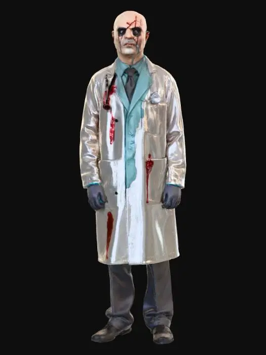 3D model for Dr. Silence – Thin surgeon in bloodstained coat, no mouth, stitched mask, scalpels hidden in sleeves, #villain#
