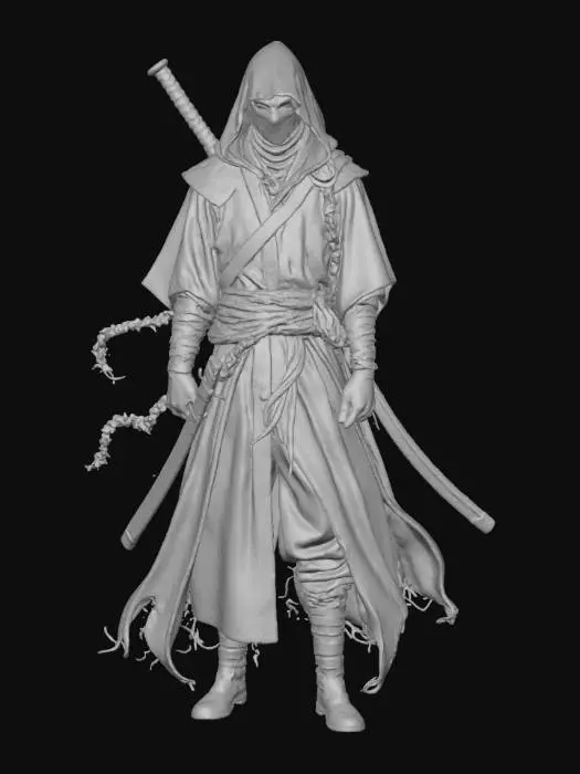 3D model for Ito the Black Mist - A Yakuza ninja boss, spiraling eyes. Heavily armed with ninja weapons, veins, sleek design, 3D game figure, hand-painted, stylized, #villain#