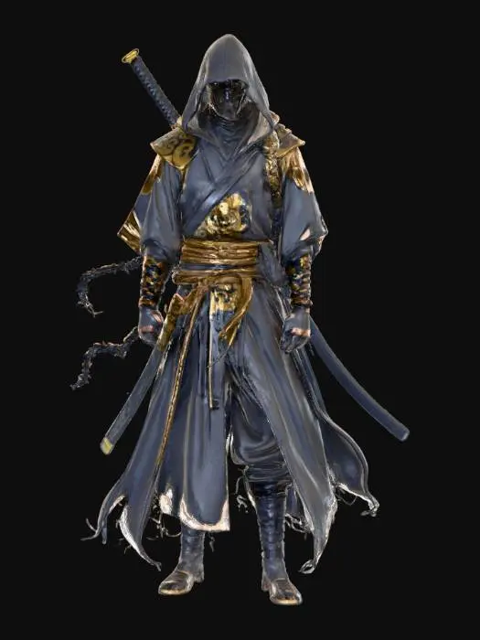 3D model for Ito the Black Mist - A Yakuza ninja boss, spiraling eyes. Heavily armed with ninja weapons, veins, sleek design, 3D game figure, hand-painted, stylized, #villain#