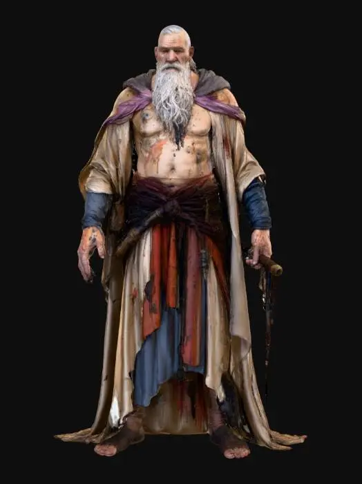 3D model for The Paper Prophet – Buff old man with parchment skin, robes covered in ink stains, quill fingers dripping black, dangerous villain, magical weaponry. #villain#