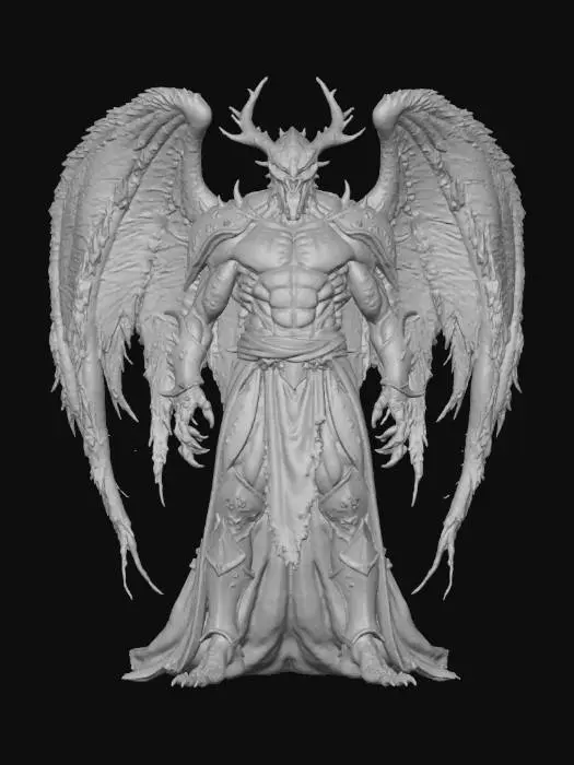 3D model for #villain# Corrupted angel, tall muscular figure with heroic proportions, wearing cracked golden armor. Its outer skin splits open like torn fabric, exposing monstrous sinew, glowing veins, and clawed hands beneath. Broken wings stretch wide, half feathers and half bone. Stylized comic-book concept art with bold clean textures, sharp shading, and dramatic lighting. Mask-like angelic face breaking apart to reveal fanged monster jaws. Striking silhouette, dynamic stance.