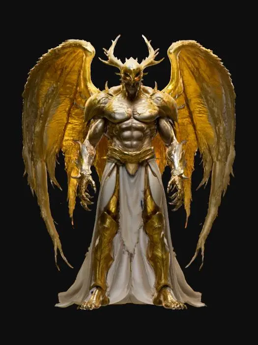 3D model for #villain# Corrupted angel, tall muscular figure with heroic proportions, wearing cracked golden armor. Its outer skin splits open like torn fabric, exposing monstrous sinew, glowing veins, and clawed hands beneath. Broken wings stretch wide, half feathers and half bone. Stylized comic-book concept art with bold clean textures, sharp shading, and dramatic lighting. Mask-like angelic face breaking apart to reveal fanged monster jaws. Striking silhouette, dynamic stance.