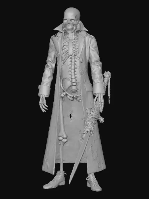 3D model for Admiral Widowmaker – Skeletal figure in tattered navy coat, barnacle-crusted saber, ghostly naval crew near him, #villain#
