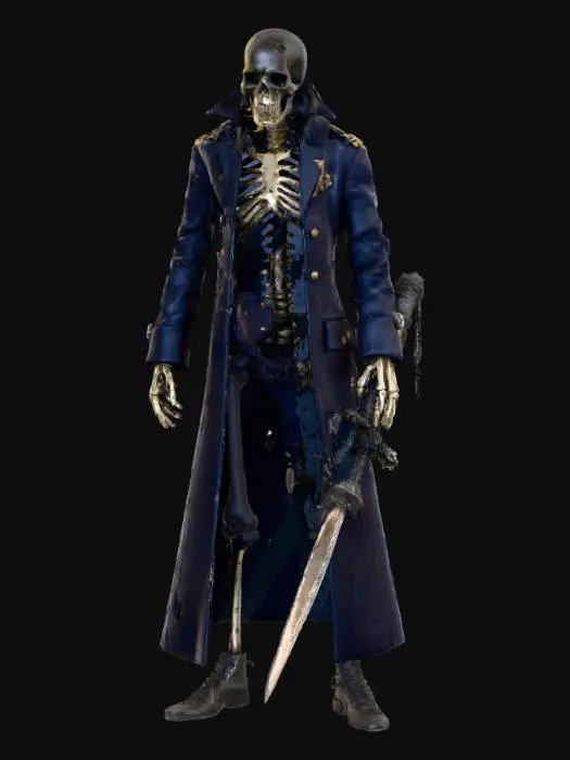 3D model for Admiral Widowmaker – Skeletal figure in tattered navy coat, barnacle-crusted saber, ghostly naval crew near him, #villain#