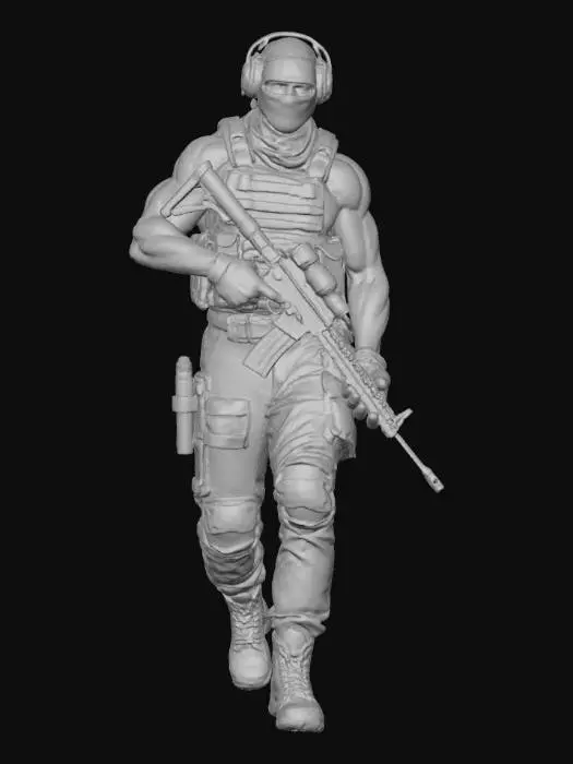 3D model for Special Ops Riggs – Ghost Recon, balaclava, muscular boss physique, chest rig gear, vest, and tattooed arms. headphones, huge guns, #villain#