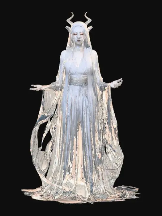 3D model for Kyōka Suigetsu,

Comic book dark fantasy stylized art, hand-painted texture. An androgynous spirit emerging from rippling water, translucent robe like liquid glass, half-body reflection, half-reality. Veiled face, silver glowing eyes, mirrors floating in fragments. Ceremonial elegance, hypnotic aura. Painterly detail, surreal refractions, dreamlike horror.
