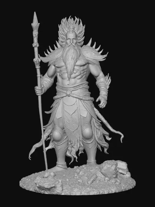 3D model for Ryūjin Jakka,

Comic book dark fantasy stylized art, hand-painted texture. Ancient flame-wreathed warlord, body of molten stone and glowing cracks. Armor scorched and burning, hair and beard of fire. Colossal flaming nodachi, apocalyptic aura. Spiraling fire dragons, burning ash, cataclysmic presence. Deep painterly shadows, destructive grandeur.