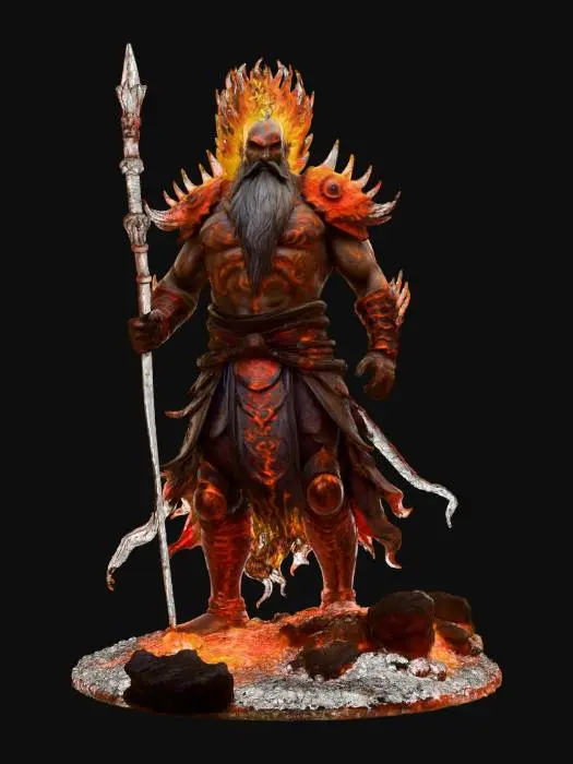 3D model for Ryūjin Jakka,

Comic book dark fantasy stylized art, hand-painted texture. Ancient flame-wreathed warlord, body of molten stone and glowing cracks. Armor scorched and burning, hair and beard of fire. Colossal flaming nodachi, apocalyptic aura. Spiraling fire dragons, burning ash, cataclysmic presence. Deep painterly shadows, destructive grandeur.