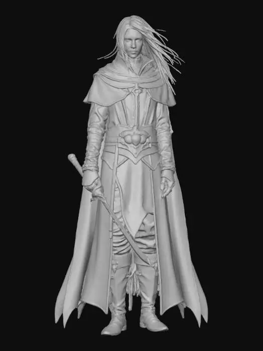 3D model for Muramasa,

Comic book dark fantasy stylized art, hand-painted texture. A slender, sinister swordsman cloaked in torn purple and black robes, silver hair flowing like chains. His blade drips with a blood-red aura, jagged edge whispering with cursed energy. Eyes glow violet with hatred and sorrow, body marked by binding seals breaking apart. Aura of betrayal and defiance, ceremonial elegance warped by malice. Painterly, cursed textures, dramatic shadows, haunted beauty.