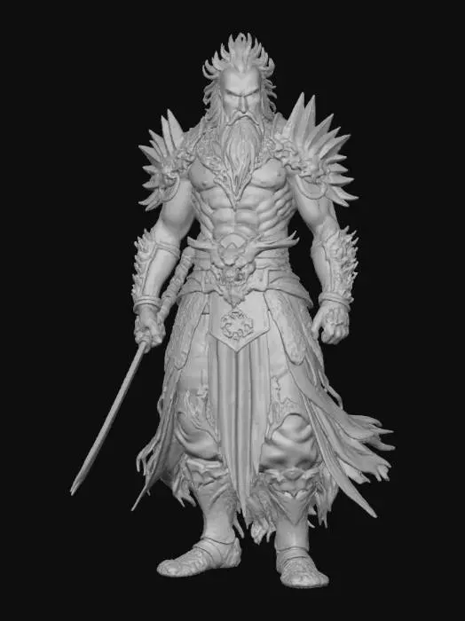 3D model for Ryūjin Jakka,

Comic book dark fantasy stylized art, hand-painted texture. Ancient flame-wreathed warlord, body of molten stone and glowing cracks. Armor scorched and burning, hair and beard of fire. Colossal flaming nodachi, apocalyptic aura. Spiraling fire dragons, burning ash, cataclysmic presence. Deep painterly shadows, destructive grandeur.
