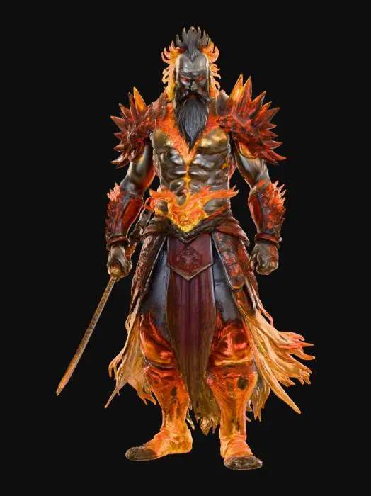 3D model for Ryūjin Jakka,

Comic book dark fantasy stylized art, hand-painted texture. Ancient flame-wreathed warlord, body of molten stone and glowing cracks. Armor scorched and burning, hair and beard of fire. Colossal flaming nodachi, apocalyptic aura. Spiraling fire dragons, burning ash, cataclysmic presence. Deep painterly shadows, destructive grandeur.
