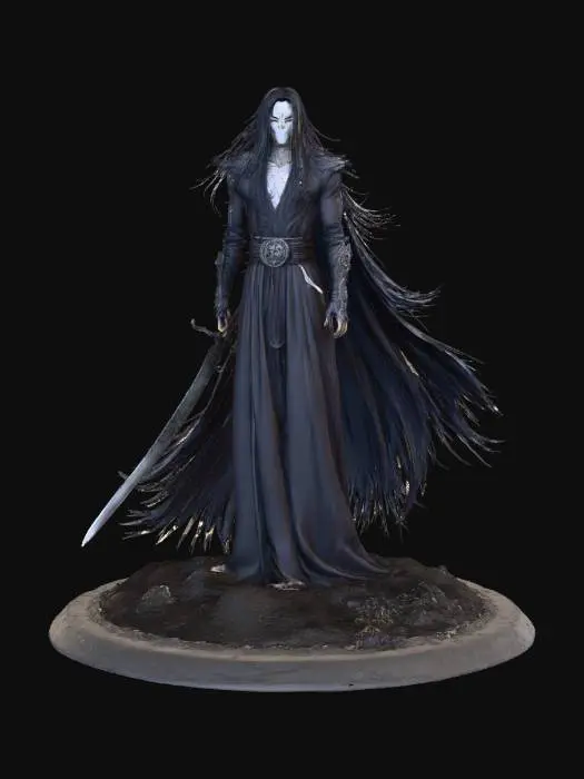 3D model for Zangetsu (斬月 — “Slaying Moon / Moon Cutter”)

Comic book dark fantasy stylized art, hand-painted texture. A towering male figure cloaked in flowing black, blade shaped like a crescent moon, edges dripping with silver light. Long hair like strands of night, eyes glowing pale lunar white. Aura of defiance and sorrow, cutting through darkness like a moonlit slash. Painterly shadows, glowing moon fragments, celestial dread.