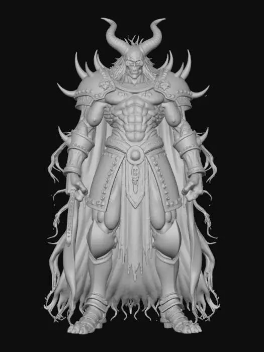3D model for Hand-painted, inked, stylized, Demented warrior, Junji Ito art style, bold, clean, game ready, historical significance, immense power, corrupt, horror, #villain#