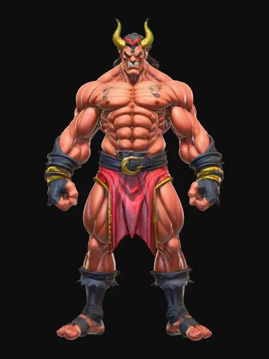 3D model for Hand-painted, inked, stylized, Italian Stallion boss villain, Street Fighter art style, bold, clean, game-ready, comical physique, immense power, corrupt, #villain#