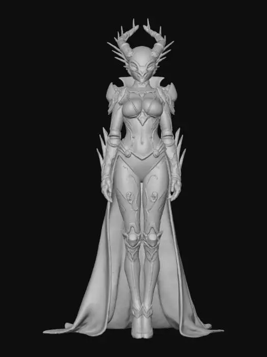 3D model for Hand-painted, inked, stylized, Mecha queen villain, digital art style, bold, clean, game-ready, Matrix, powerful, corrupt, elegant, digital #villain#