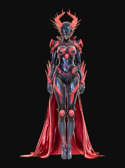 3D model for Hand-painted, inked, stylized, Mecha queen villain, digital art style, bold, clean, game-ready, Matrix, powerful, corrupt, elegant, digital #villain#