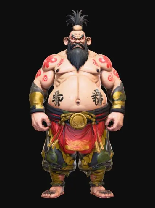 3D model for Hand-painted, inked, stylized, Sumo boss villain, GTA art style, bold, clean, game-ready, comical, immense power, corrupt, Japanese #villain#