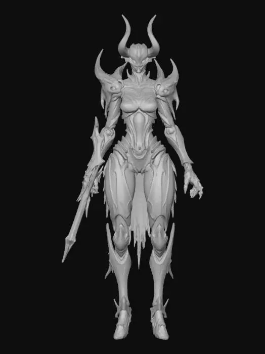 3D model for Hand-painted, inked, stylized, Mecha queen villain, digital art style, bold, clean, game-ready, Matrix, powerful, corrupt, elegant, digital #villain#