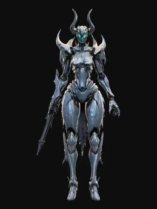 3D model for Hand-painted, inked, stylized, Mecha queen villain, digital art style, bold, clean, game-ready, Matrix, powerful, corrupt, elegant, digital #villain#