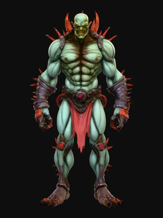 3D model for Hand-painted, inked, stylized, Mutated boss villain, bold, clean, game-ready, comical proportions, hideous, destructive force, corrupted, experimental technology, body modifications, enhanced physique #villain#