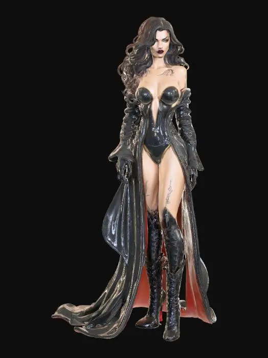 3D model for Hand-painted, stylized female goddess with an elegant, inked comic-book look. attractive, divine corruption, seductive, intoxicating physique #villain#