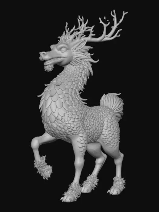3D model for Qílín,

Chinese mythology stylized art, hand-painted texture. A majestic chimeric beast with the body of a stag, draconic scales glistening like jade, flowing mane of fire. Hooves wreathed in clouds, single twisted horn glowing with divine light. Aura of virtue and judgment, sacred presence that blends elegance with dread. Painterly textures of flame and mist, ceremonial majesty, mythic reverence.