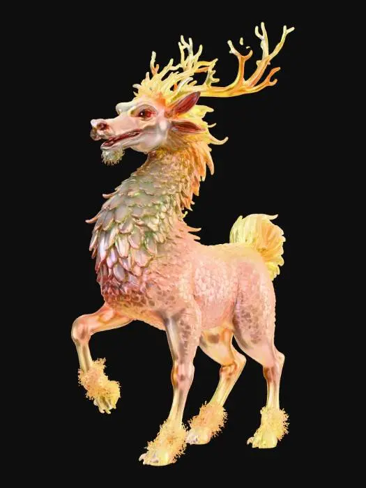 3D model for Qílín,

Chinese mythology stylized art, hand-painted texture. A majestic chimeric beast with the body of a stag, draconic scales glistening like jade, flowing mane of fire. Hooves wreathed in clouds, single twisted horn glowing with divine light. Aura of virtue and judgment, sacred presence that blends elegance with dread. Painterly textures of flame and mist, ceremonial majesty, mythic reverence.