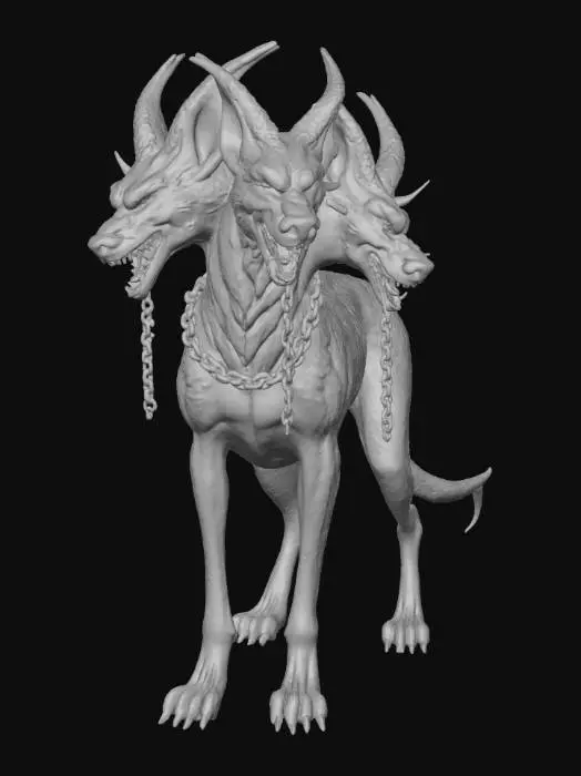 3D model for Κέρβερος,

Greek mythology stylized art, hand-painted texture. A colossal three-headed hound with fur like scorched shadow, eyes burning red like coals. Each head snarls with fangs dripping molten venom, necks bound in broken chains. A serpent tail writhes with venomous life, scales glistening. Aura of underworld dread and eternal guardianship, ceremonial terror. Painterly textures of ash and fire, deep shadows, mythic grandeur.