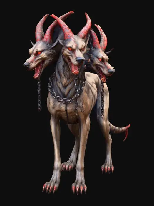 3D model for Κέρβερος,

Greek mythology stylized art, hand-painted texture. A colossal three-headed hound with fur like scorched shadow, eyes burning red like coals. Each head snarls with fangs dripping molten venom, necks bound in broken chains. A serpent tail writhes with venomous life, scales glistening. Aura of underworld dread and eternal guardianship, ceremonial terror. Painterly textures of ash and fire, deep shadows, mythic grandeur.