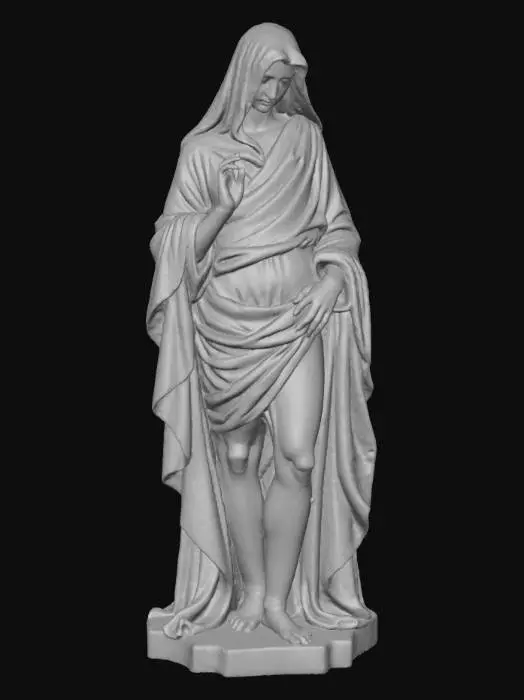 3D model for Elegant Renaissance marble sculpture. A robed figure with a translucent marble veil over its face, every fold finely chiseled. One hand holds a broken stone tablet, the other reaches outward. Aura of remembrance and loss, ceremonial stillness, polished marble textures, and graceful shadows.