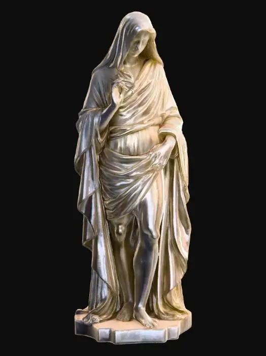3D model for Elegant Renaissance marble sculpture. A robed figure with a translucent marble veil over its face, every fold finely chiseled. One hand holds a broken stone tablet, the other reaches outward. Aura of remembrance and loss, ceremonial stillness, polished marble textures, and graceful shadows.