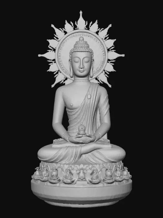 3D model for Mahāvairocana

Crystal quartz sculpture radiating inner glow, seated in meditation with golden sunburst halo. Lapis lazuli and sapphire constellations studded across the halo, hands birthing a mandala of smaller bronze Buddhas. Translucent crystal divinity, jeweled cosmic light.