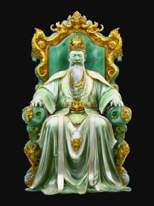 3D model for 玉皇
Majestic jade throne with golden dragon inlays, emperor seated in marble robes threaded with gold. Crown set with diamonds and pearls, one hand raised in command, the other lowered in blessing. Imperial grandeur rendered in jade, marble, and jewel light.