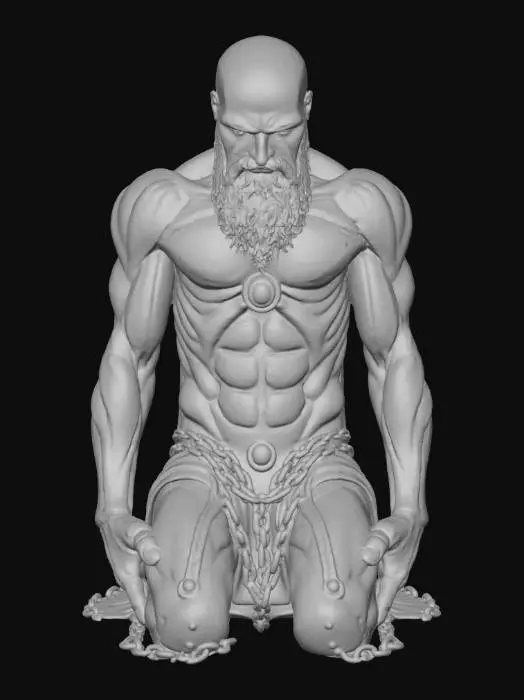 3D model for Prometheus,

Modern obsidian and silver sculpture, Prometheus kneeling in chains, body fractured with glowing seams of fire. Eyes of blue sapphire defiant against fate. Mirror-black stone, radiant jewel light, divine rebellion.