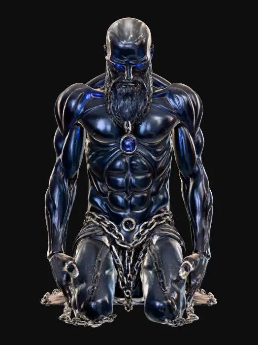 3D model for Prometheus,

Modern obsidian and silver sculpture, Prometheus kneeling in chains, body fractured with glowing seams of fire. Eyes of blue sapphire defiant against fate. Mirror-black stone, radiant jewel light, divine rebellion.