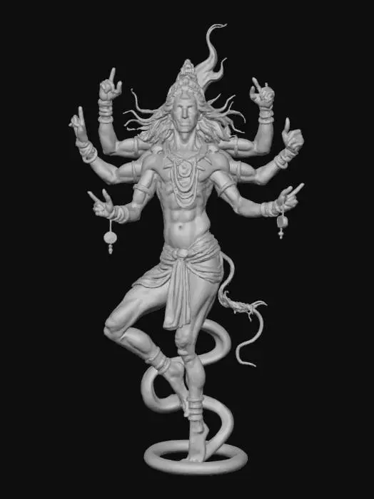 3D model for Shiva 

Lapis lazuli body veined with silver, many bronze arms frozen mid-dance. Ruby flame in one hand, ivory damaru drum in another, golden serpent coiling at ankle. Aura of destruction and creation, gemstone rhythm carved in motion.