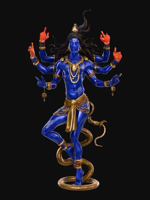 3D model for Shiva 

Lapis lazuli body veined with silver, many bronze arms frozen mid-dance. Ruby flame in one hand, ivory damaru drum in another, golden serpent coiling at ankle. Aura of destruction and creation, gemstone rhythm carved in motion.