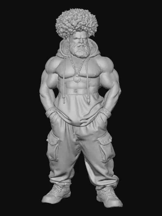 3D model for Hand-painted, inked, stylized, Hip-hop rapper boss, Street Fighter art style, Def Jam art style, bold, clean, game-ready, comical physique, immense power, corrupt, modern, #villain#