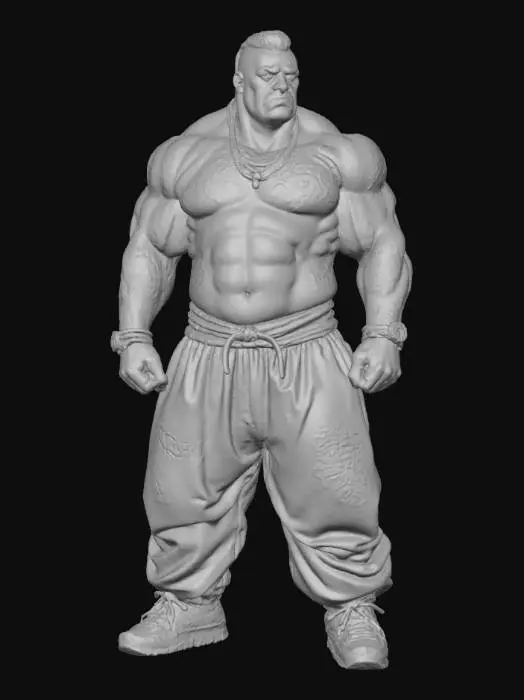 3D model for Hand-painted, inked, stylized, Hip-hop rapper boss, Street Fighter art style, Def Jam art style, bold, clean, game-ready, comical physique, immense power, corrupt, modern, #villain#