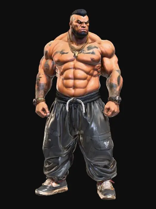 3D model for Hand-painted, inked, stylized, Hip-hop rapper boss, Street Fighter art style, Def Jam art style, bold, clean, game-ready, comical physique, immense power, corrupt, modern, #villain#