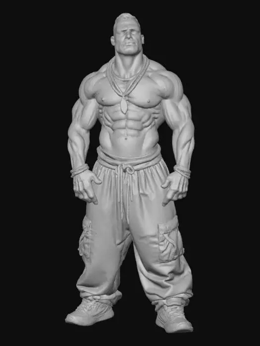 3D model for Hand-painted, inked, stylized, Hip-hop rapper boss, Street Fighter art style, Def Jam art style, bold, clean, game-ready, comical physique, immense power, corrupt, modern, #villain#