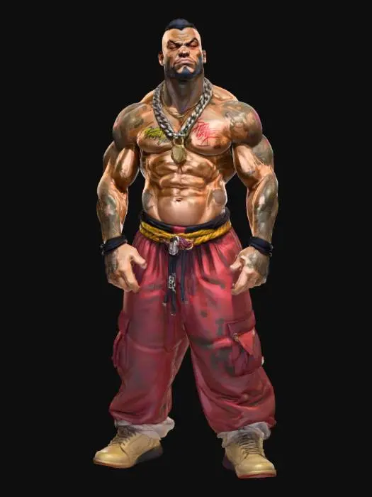 3D model for Hand-painted, inked, stylized, Hip-hop rapper boss, Street Fighter art style, Def Jam art style, bold, clean, game-ready, comical physique, immense power, corrupt, modern, #villain#