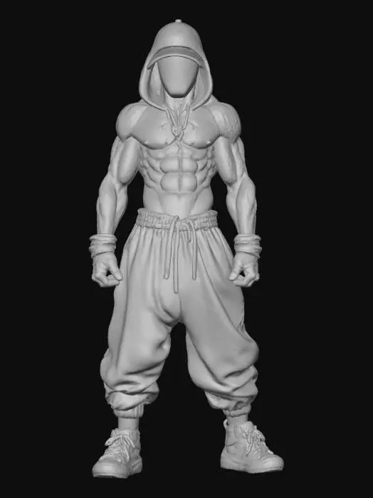 3D model for Hand-painted, inked, stylized, Hip-hop ninja boss, Street Fighter art style, Def Jam art style, bold, clean, game-ready, comical physique, immense power, corrupt, modern, #villain#